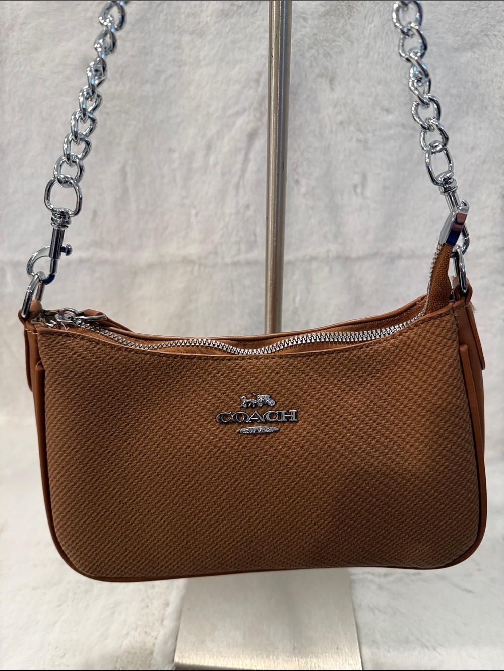 Coach Brown Textured Shoulder Bag with Silver Chain